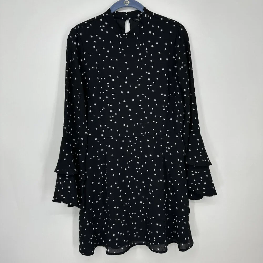 Lucky Brand Star Print Mini Dress M Long Bell Sleeves A Line Black
